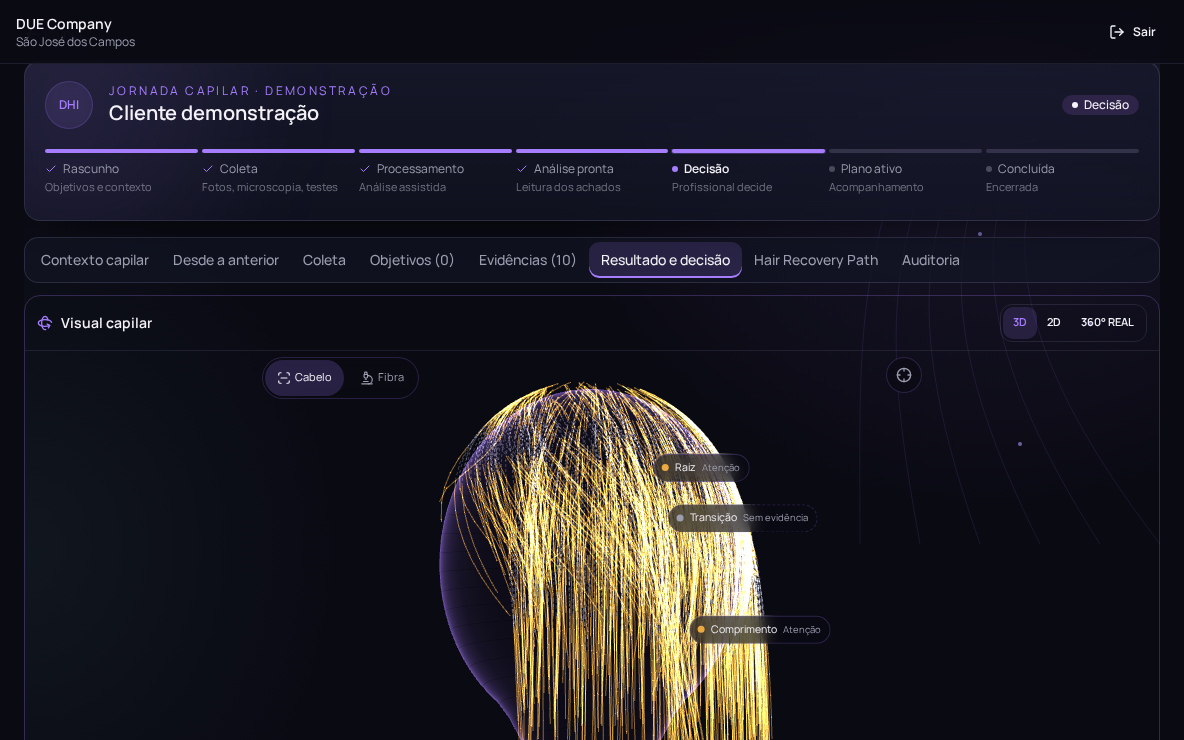 Tela demonstrativa do Hair Twin 3D no DUE Hair Intelligence